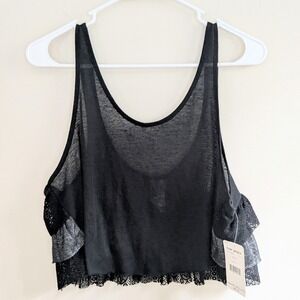 Free People Black Size S Sleeveless Lace Trim Ruffle Cropped Tank Top NWT $68